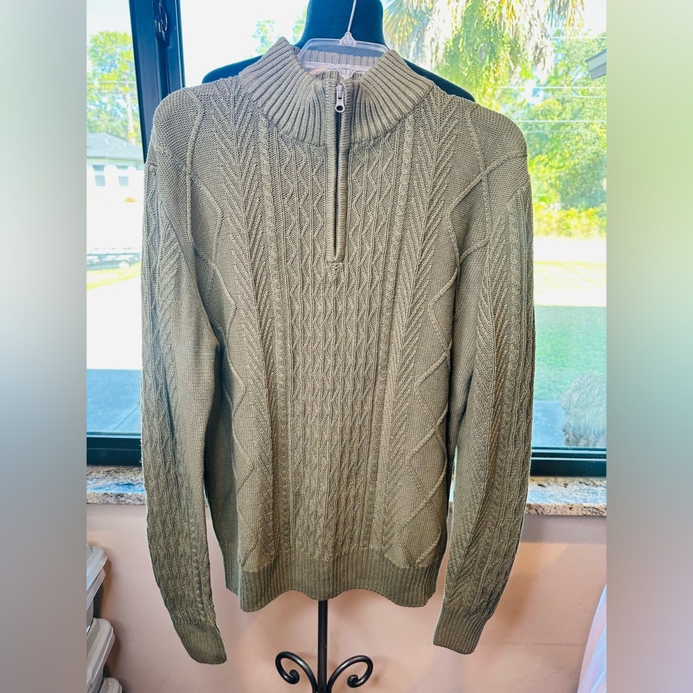 Soul of London Men’s Cotton Olive Green Cable Knit Quarter Zip Sweater Size XL